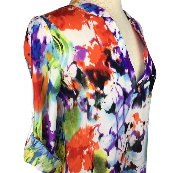 Chelsea Taylor Womens Top Size S Watercolor V-neck Tab Slvs Hi Low Hem Colorful - Picture 11 of 11
